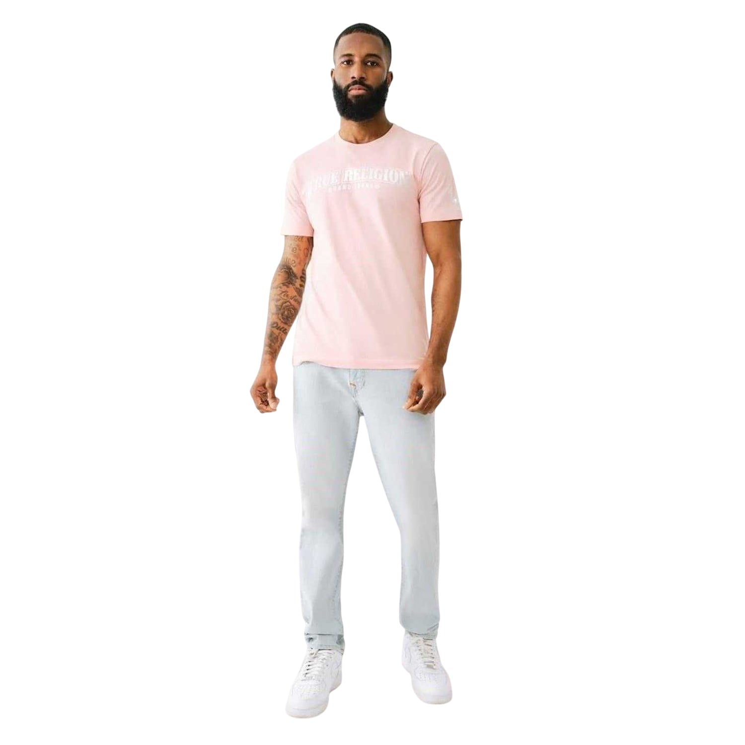 Pink - Side - True Religion Mens Logo Foil Crew Neck T-Shirt