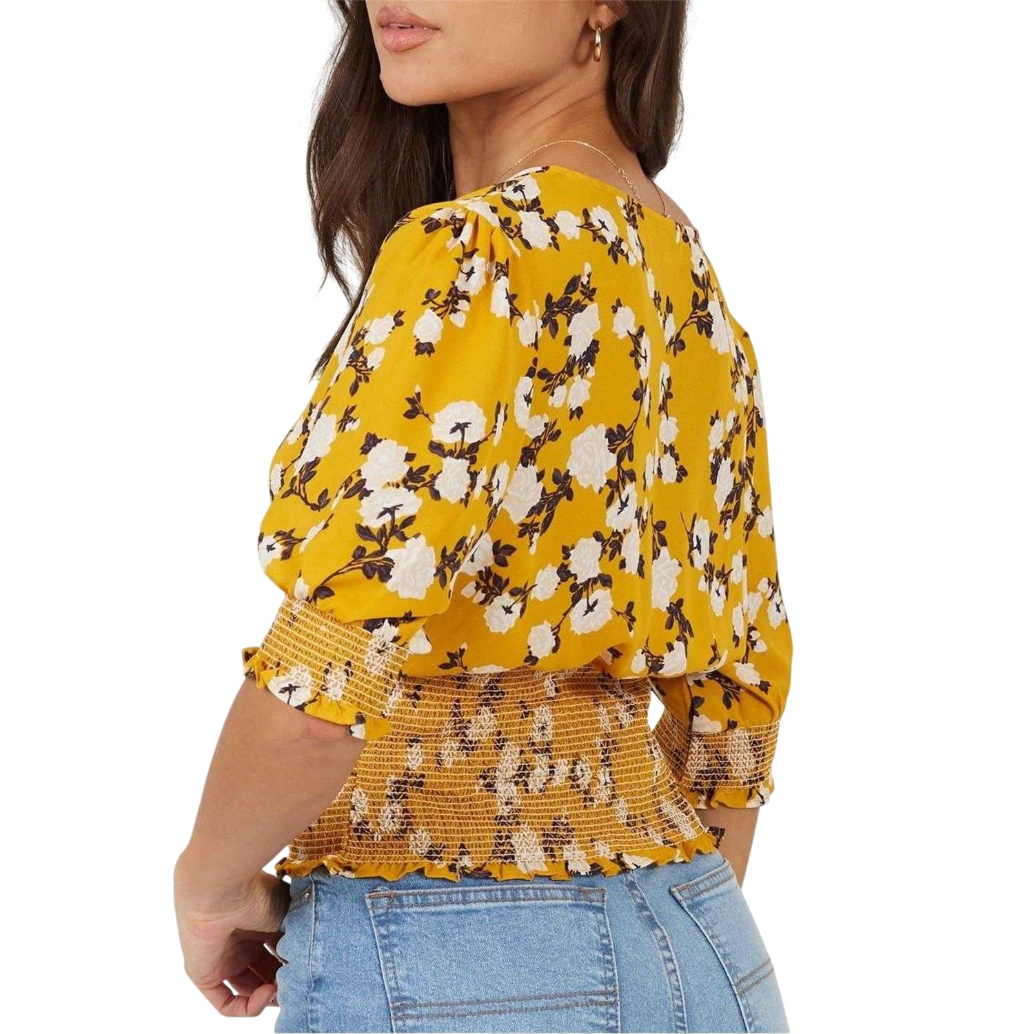 Floral-Yellow - Back - Brave Soul Womens-Ladies Floral V Neck Puff Sleeve Blouse