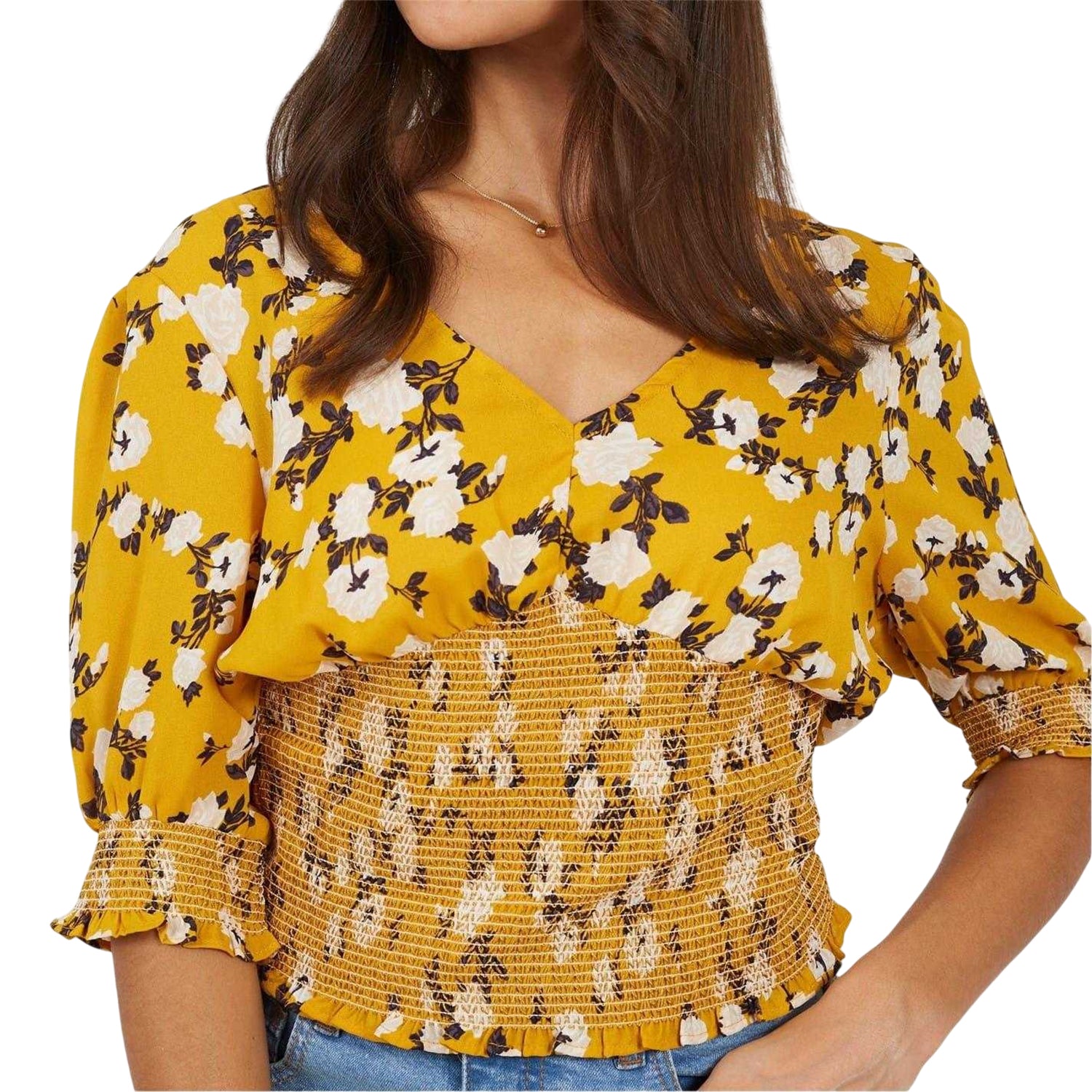 Floral-Yellow - Side - Brave Soul Womens-Ladies Floral V Neck Puff Sleeve Blouse
