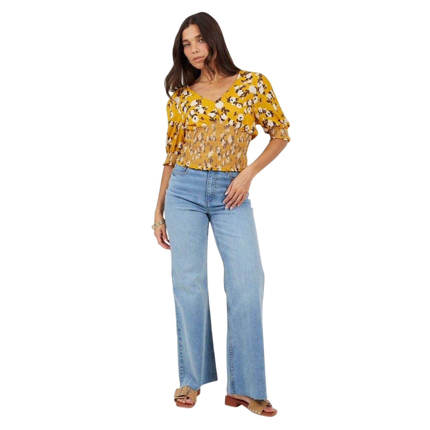Floral-Yellow - Lifestyle - Brave Soul Womens-Ladies Floral V Neck Puff Sleeve Blouse