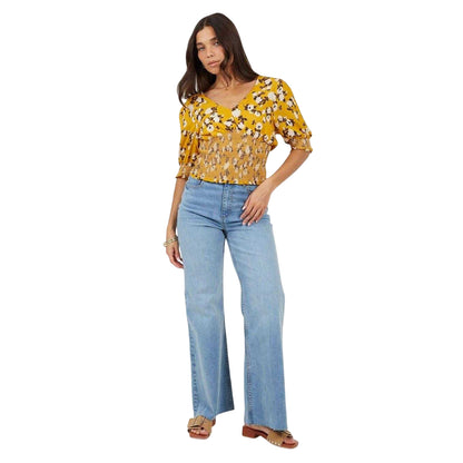 Floral-Yellow - Lifestyle - Brave Soul Womens-Ladies Floral V Neck Puff Sleeve Blouse