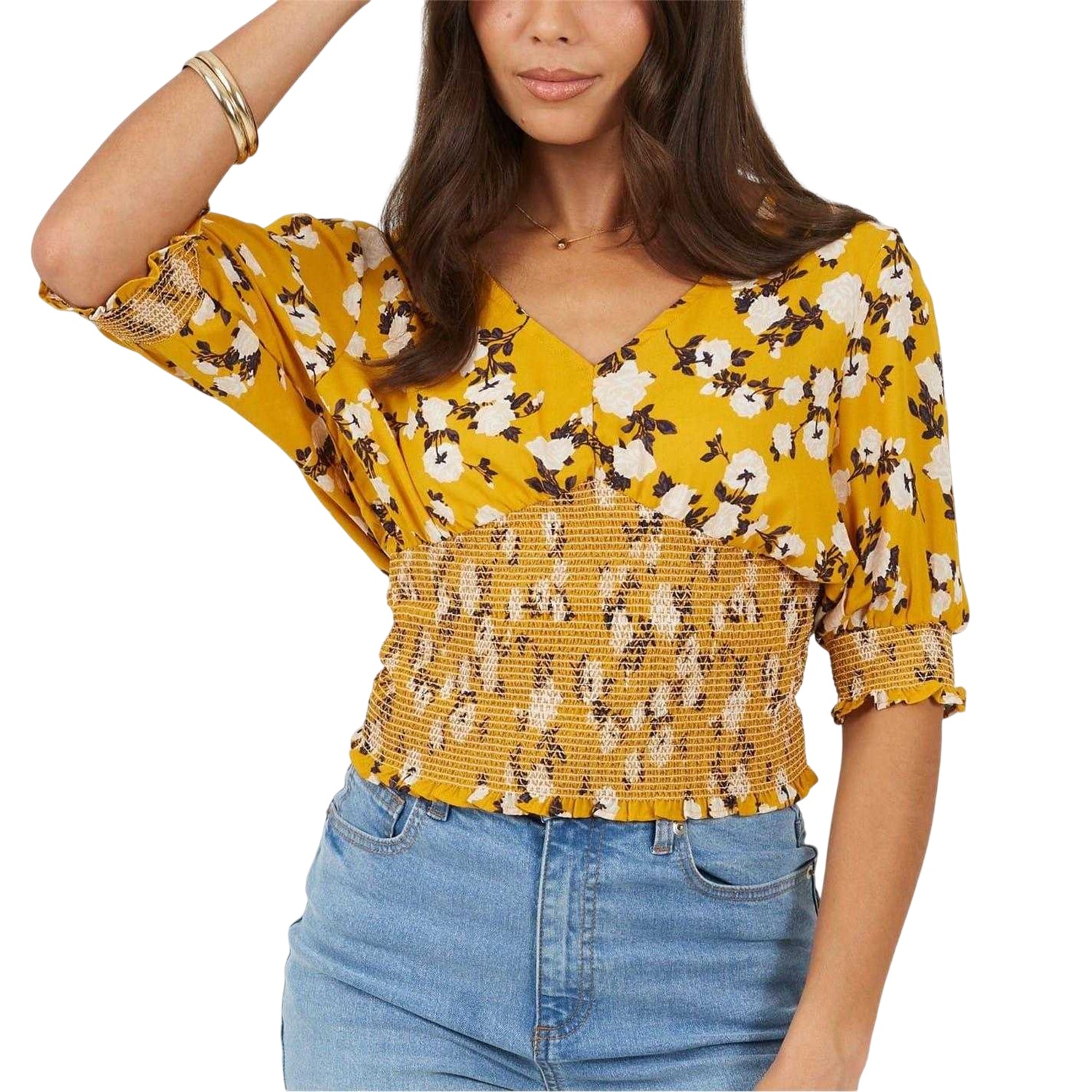Floral-Yellow - Front - Brave Soul Womens-Ladies Floral V Neck Puff Sleeve Blouse