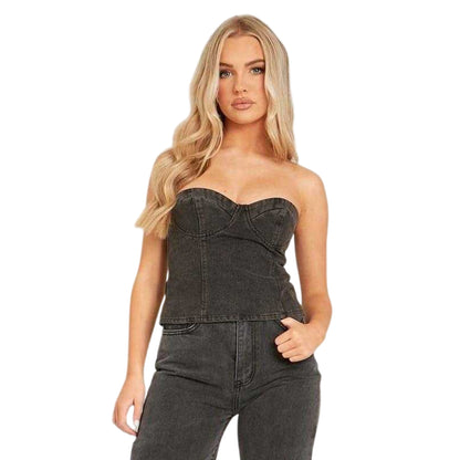 Black - Front - Missy Empire Womens-Ladies Denim Corset Top