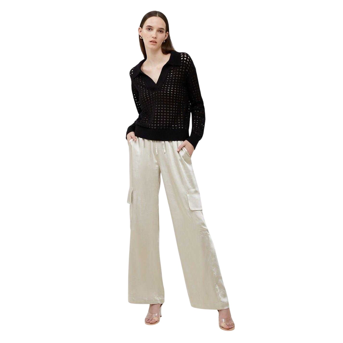 Blackout - Front - French Connection Womens-Ladies Manda Pointelle V Neck Top