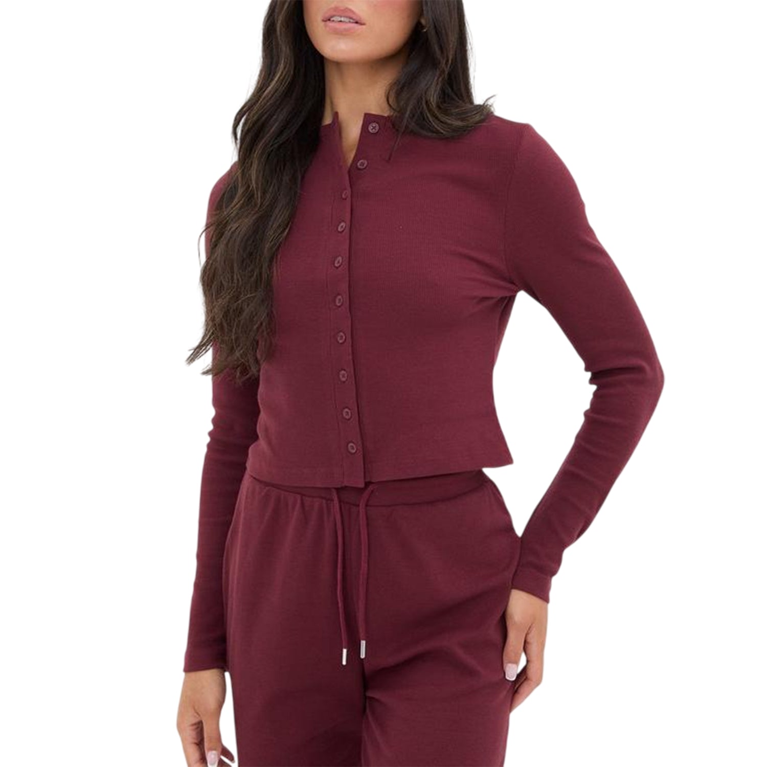 Burgundy - Front - I Saw It First Womens-Ladies Ribbed Button Front Top