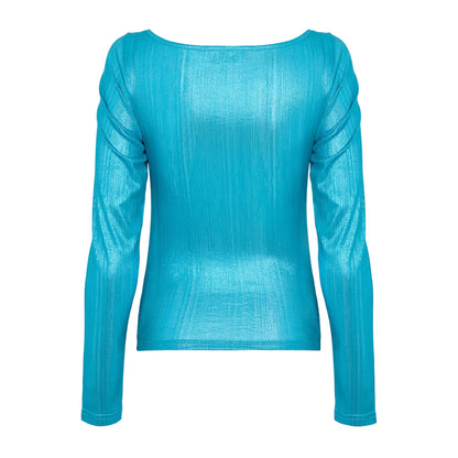 Blue - Back - AmyLynn Womens-Ladies V Neck Slim Long-Sleeved Top