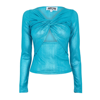Blue - Front - AmyLynn Womens-Ladies V Neck Slim Long-Sleeved Top