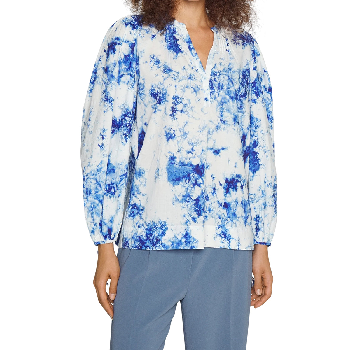 White-Blue - Side - Boss Womens-Ladies Tie Dye V Neck Balloon Sleeve Blouse