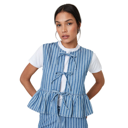 Mid Wash - Side - Threadbare Womens-Ladies Mumba Striped Front Tie Sleeveless Blouse
