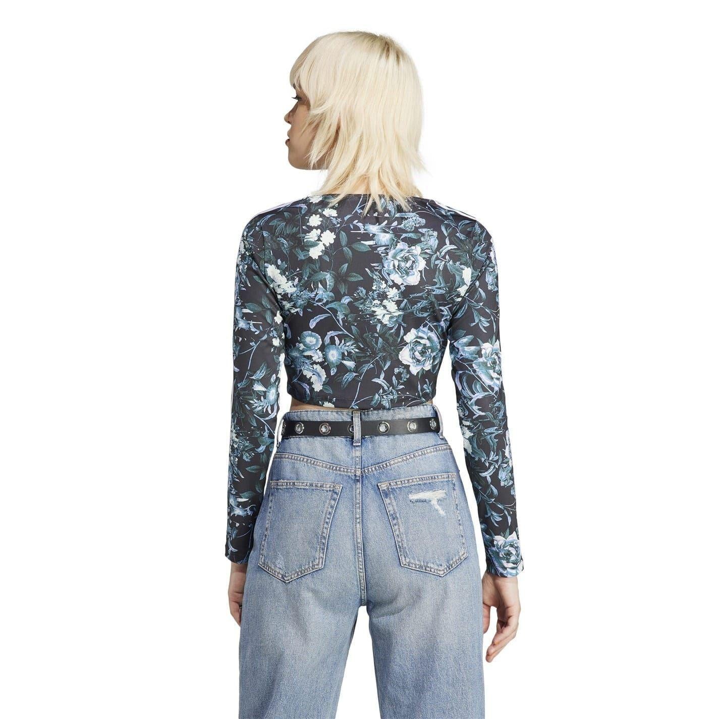 Black - Back - Adidas Womens-Ladies Floral Cropped Slim Long-Sleeved Blouse