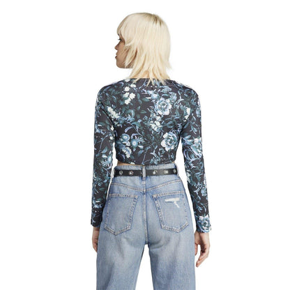 Black - Back - Adidas Womens-Ladies Floral Cropped Slim Long-Sleeved Blouse