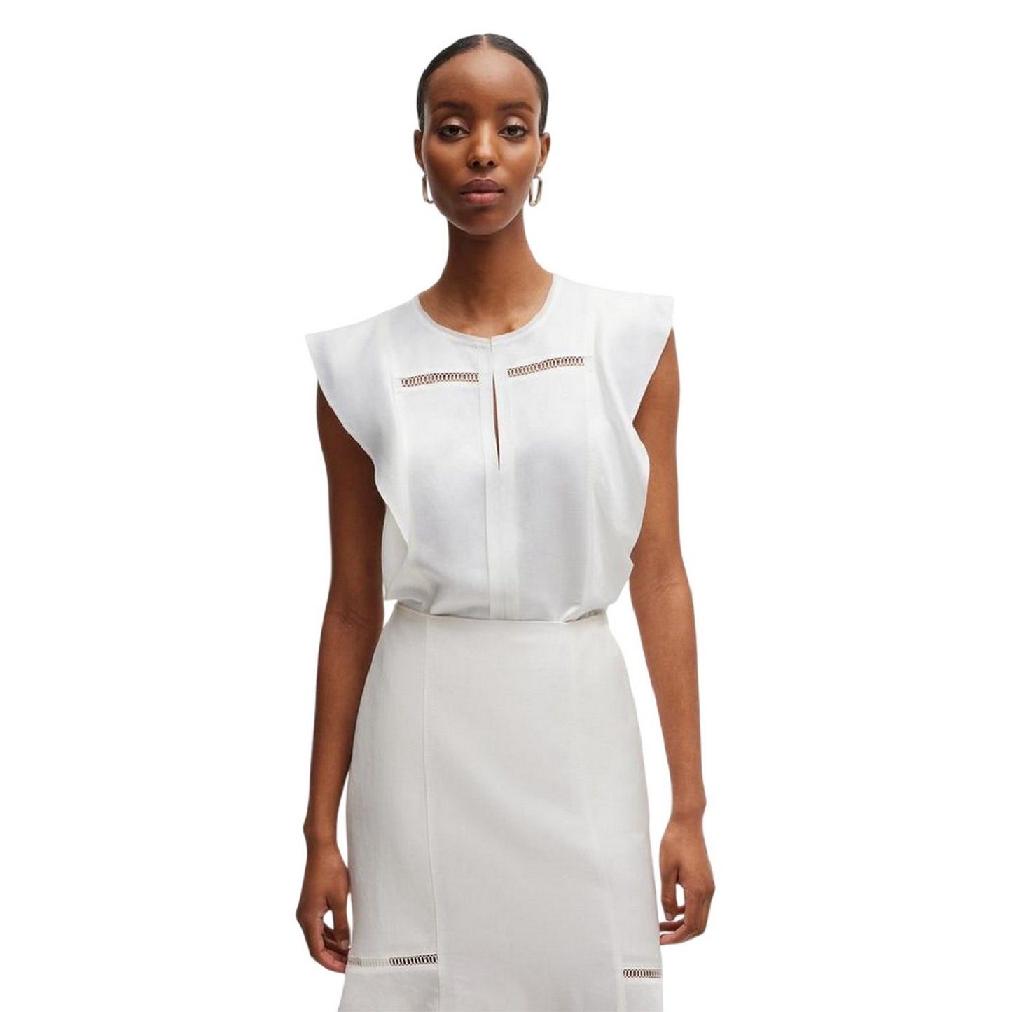 White - Side - Boss Womens-Ladies Keyhole Regular Ruffle Blouse