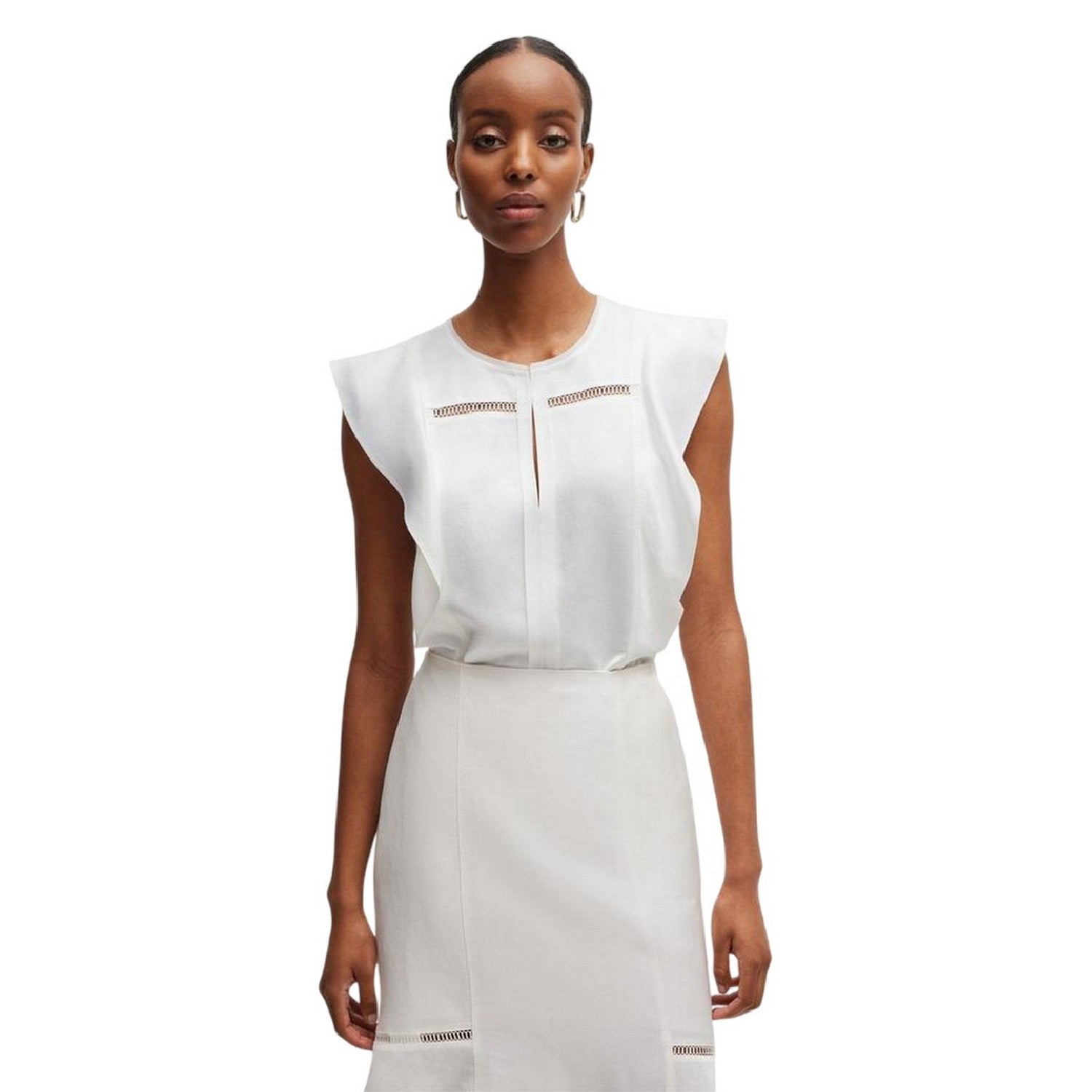 White - Side - Boss Womens-Ladies Keyhole Regular Ruffle Blouse