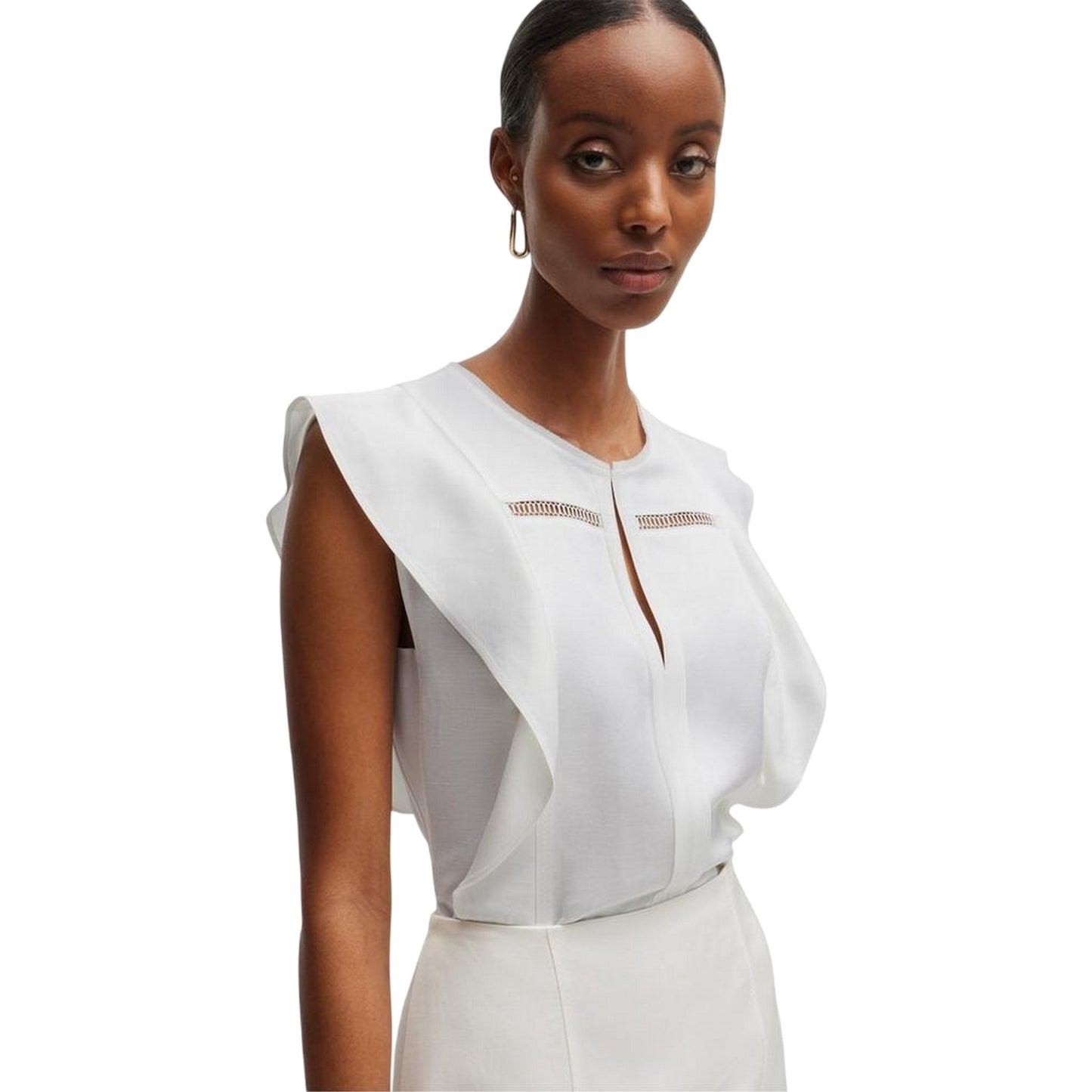 White - Lifestyle - Boss Womens-Ladies Keyhole Regular Ruffle Blouse