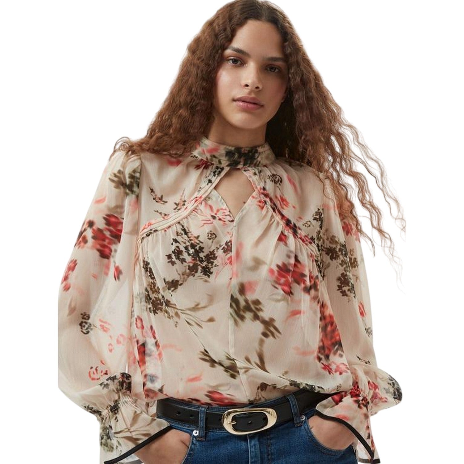 Cream-Scarlet Red - Side - French Connection Womens-Ladies Hallie Floral Pattern Keyhole Blouse