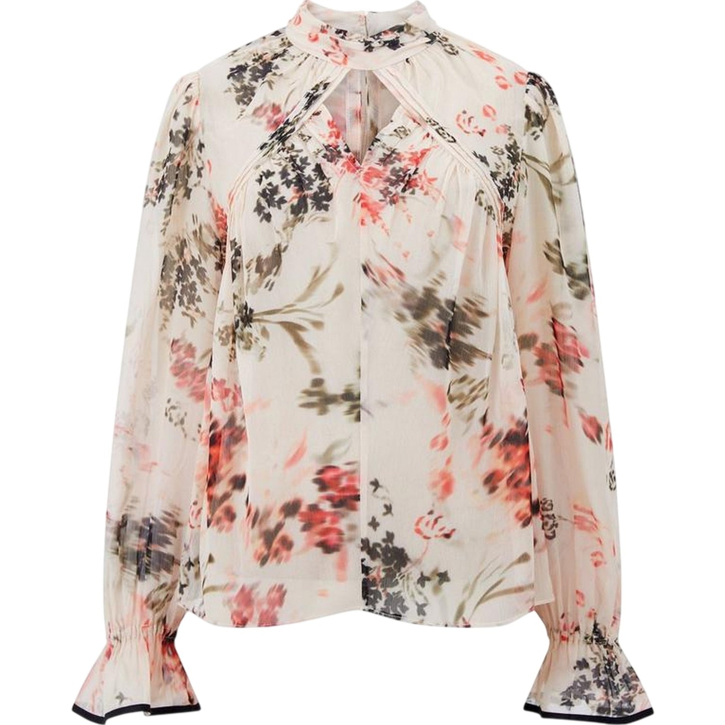 Cream-Scarlet Red - Front - French Connection Womens-Ladies Hallie Floral Pattern Keyhole Blouse