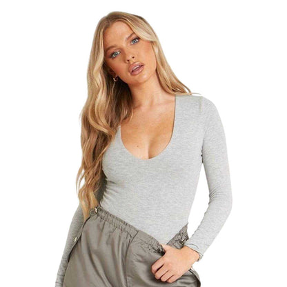 Grey - Front - Missy Empire Womens-Ladies Low Plunge Long-Sleeved Bodysuit