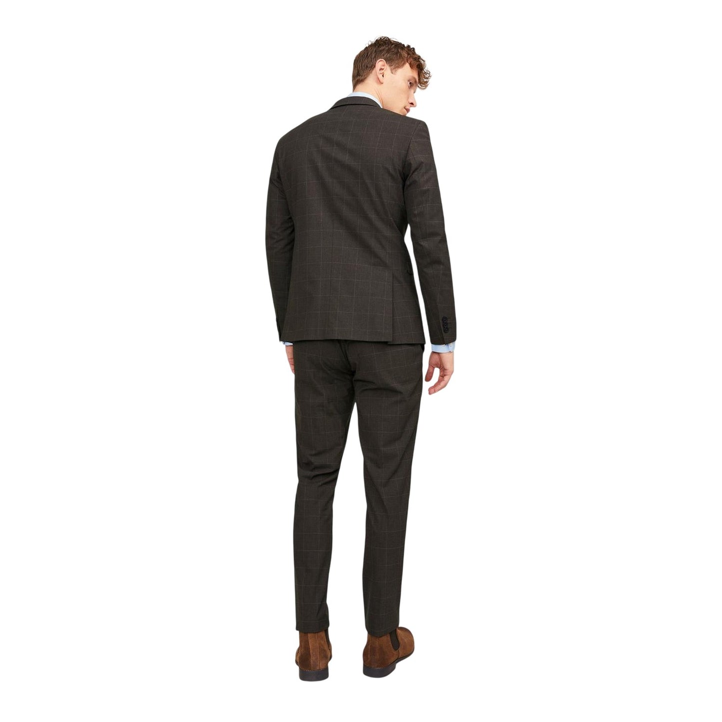Chocolate - Back - Jack And Jones Mens Checked Notch Neck Slim Formal Blazer