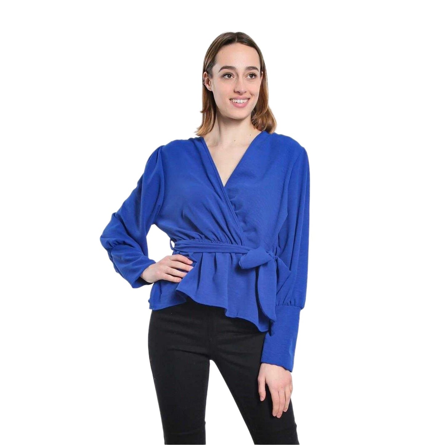 Cobalt - Front - Be You Womens-Ladies Wrap Peplum Bishop Wrap Top