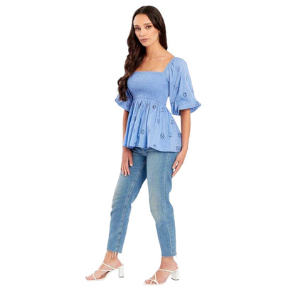 Blue - Side - Be You Womens-Ladies Square Neck Short-Sleeved Blouse