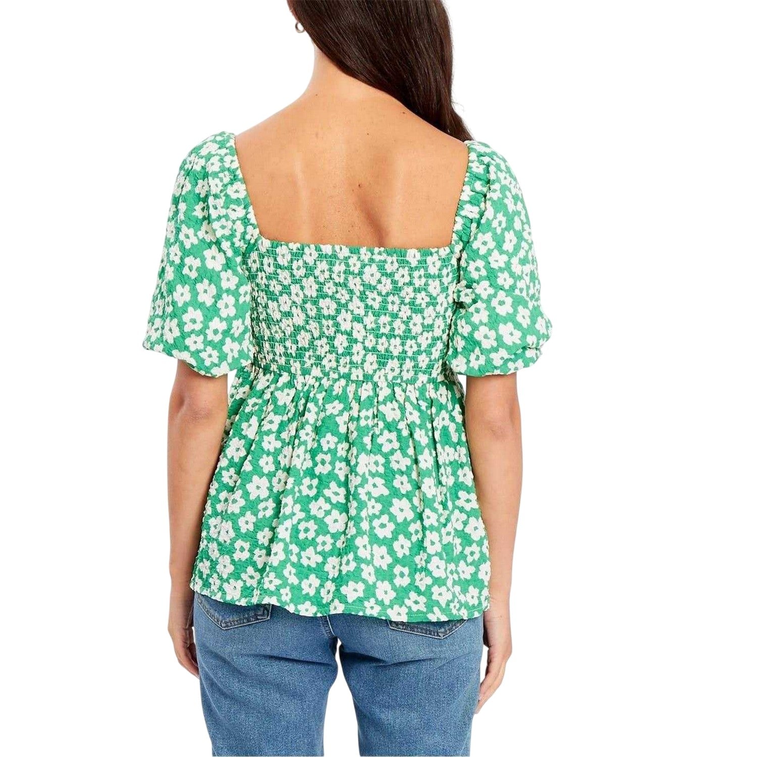 Green-White - Back - Be You Womens-Ladies Waffle Square Neck Puff Sleeve Blouse