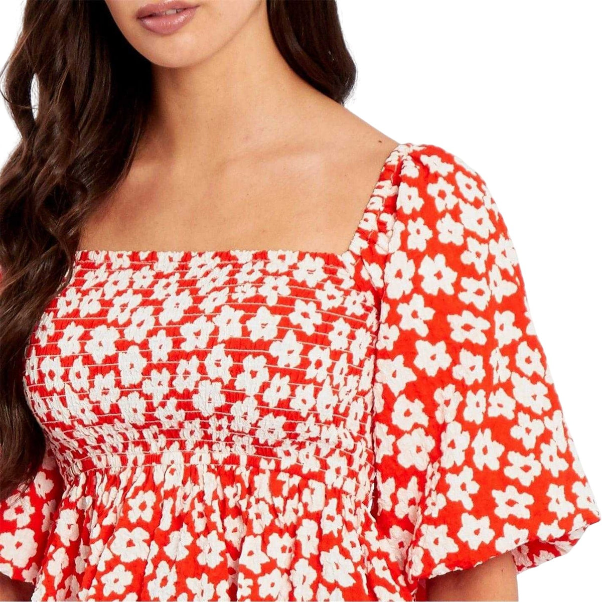 Red-White - Back - Be You Womens-Ladies Waffle Square Neck Puff Sleeve Blouse