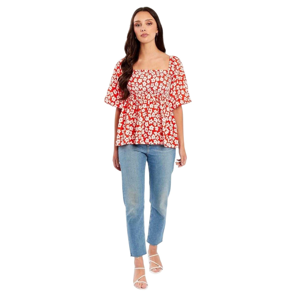 Red-White - Side - Be You Womens-Ladies Waffle Square Neck Puff Sleeve Blouse