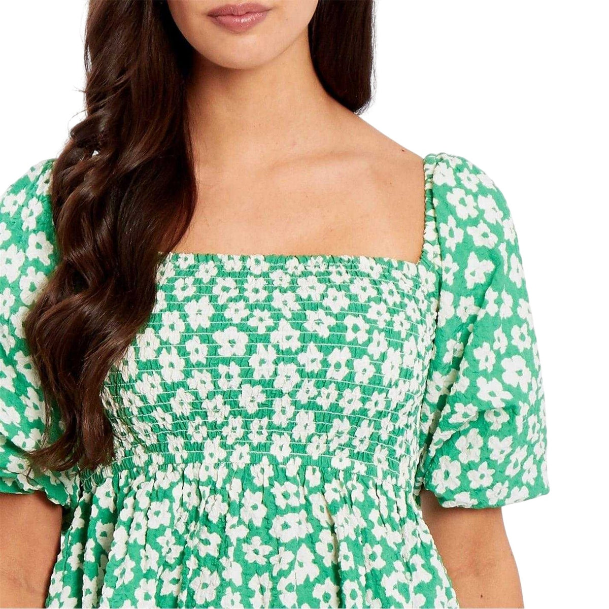 Green-White - Side - Be You Womens-Ladies Waffle Square Neck Puff Sleeve Blouse