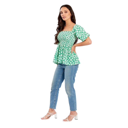 Green-White - Lifestyle - Be You Womens-Ladies Waffle Square Neck Puff Sleeve Blouse