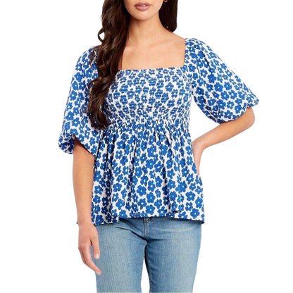 Navy-White - Front - Be You Womens-Ladies Waffle Square Neck Puff Sleeve Blouse