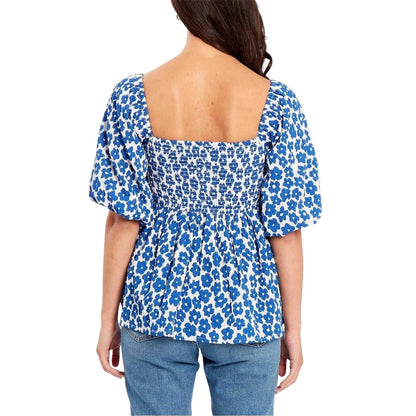 Navy-White - Back - Be You Womens-Ladies Waffle Square Neck Puff Sleeve Blouse
