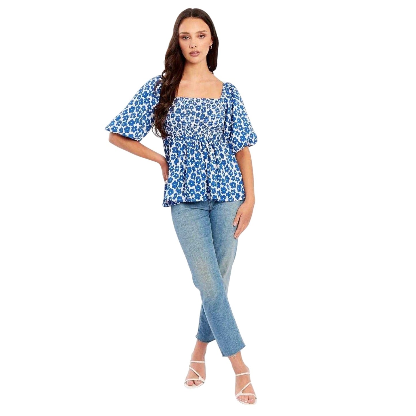 Navy-White - Lifestyle - Be You Womens-Ladies Waffle Square Neck Puff Sleeve Blouse