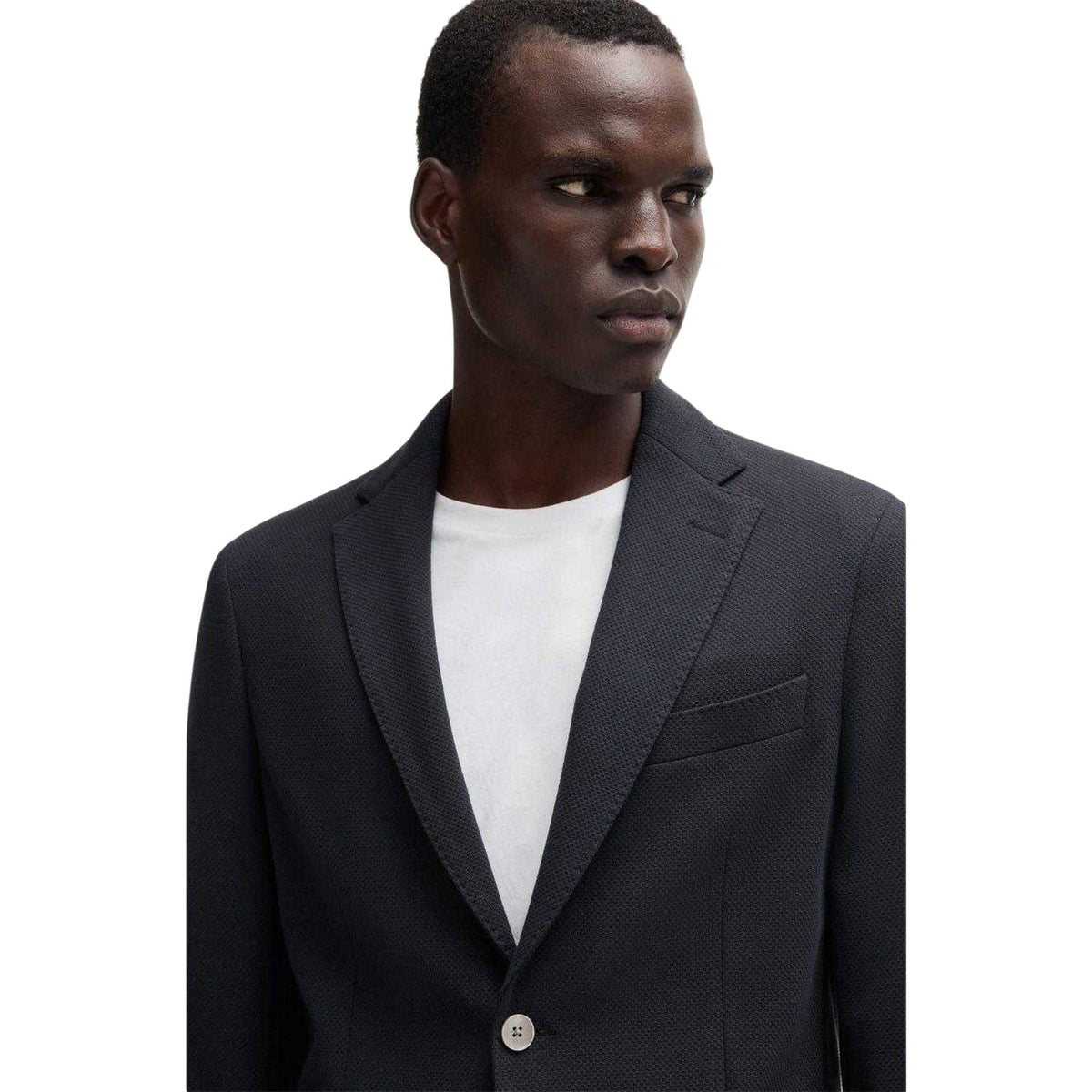 Dark Blue - Side - Boss Mens Textured Notch Neck Blazer