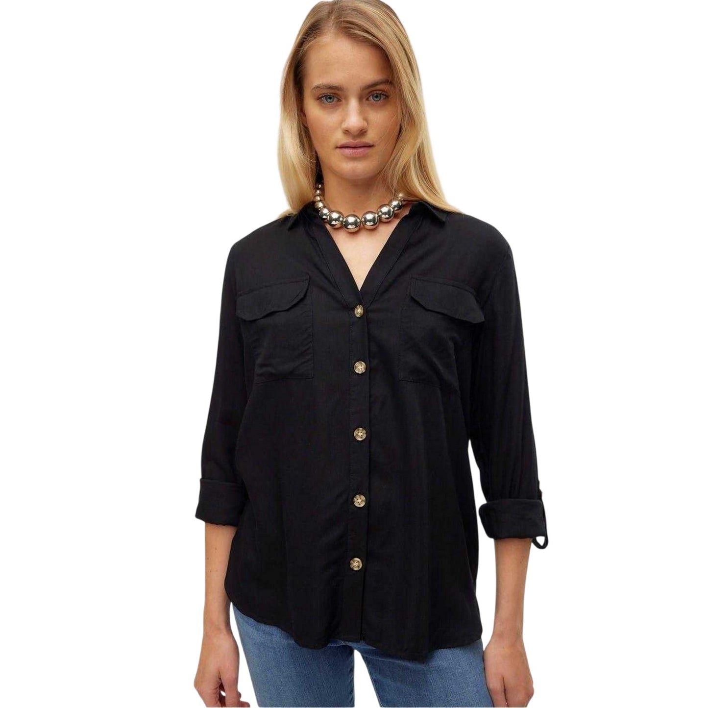 Black - Front - Vero Moda Womens-Ladies Regular Roll Sleeve Shirt