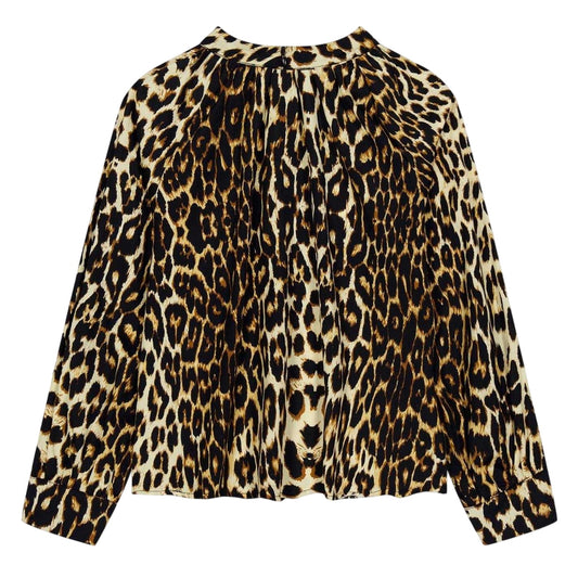 Brown-Black - Front - Biba Girls Leopard Print Balloon Sleeve Blouse