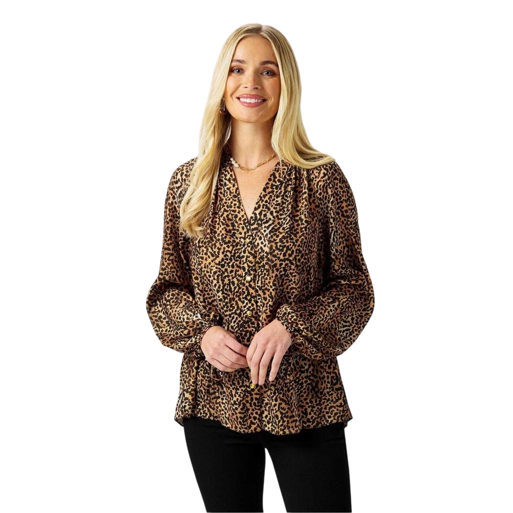 Brown-Black - Side - Biba Womens-Ladies Leopard Print Button Through Blouse