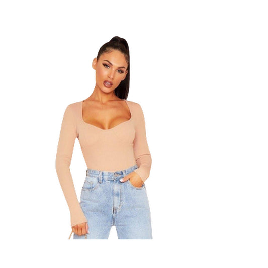 Rose - Front - Missy Empire Womens-Ladies Cup Ribbed Long-Sleeved Bodysuit