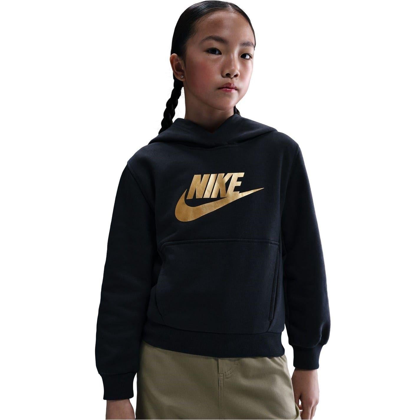 Black-Gold - Front - Nike Childrens-Kids Text Logo Pullover Hoodie