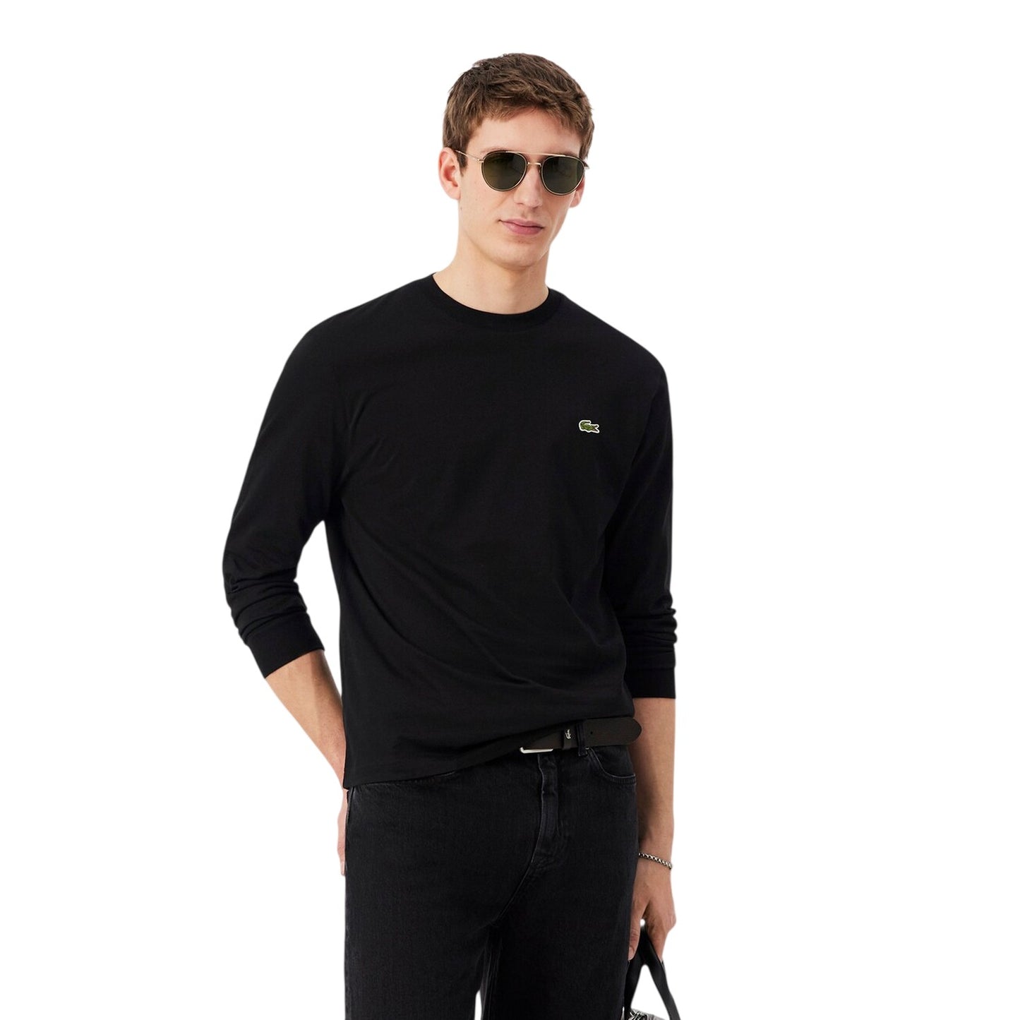 Black - Side - Lacoste Mens Crocodile Print Cotton Regular Long-Sleeved T-Shirt