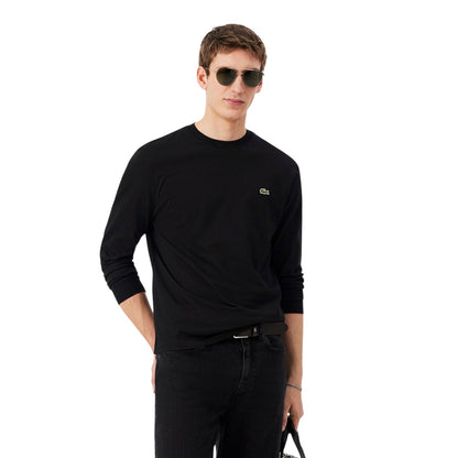 Black - Side - Lacoste Mens Crocodile Print Cotton Regular Long-Sleeved T-Shirt