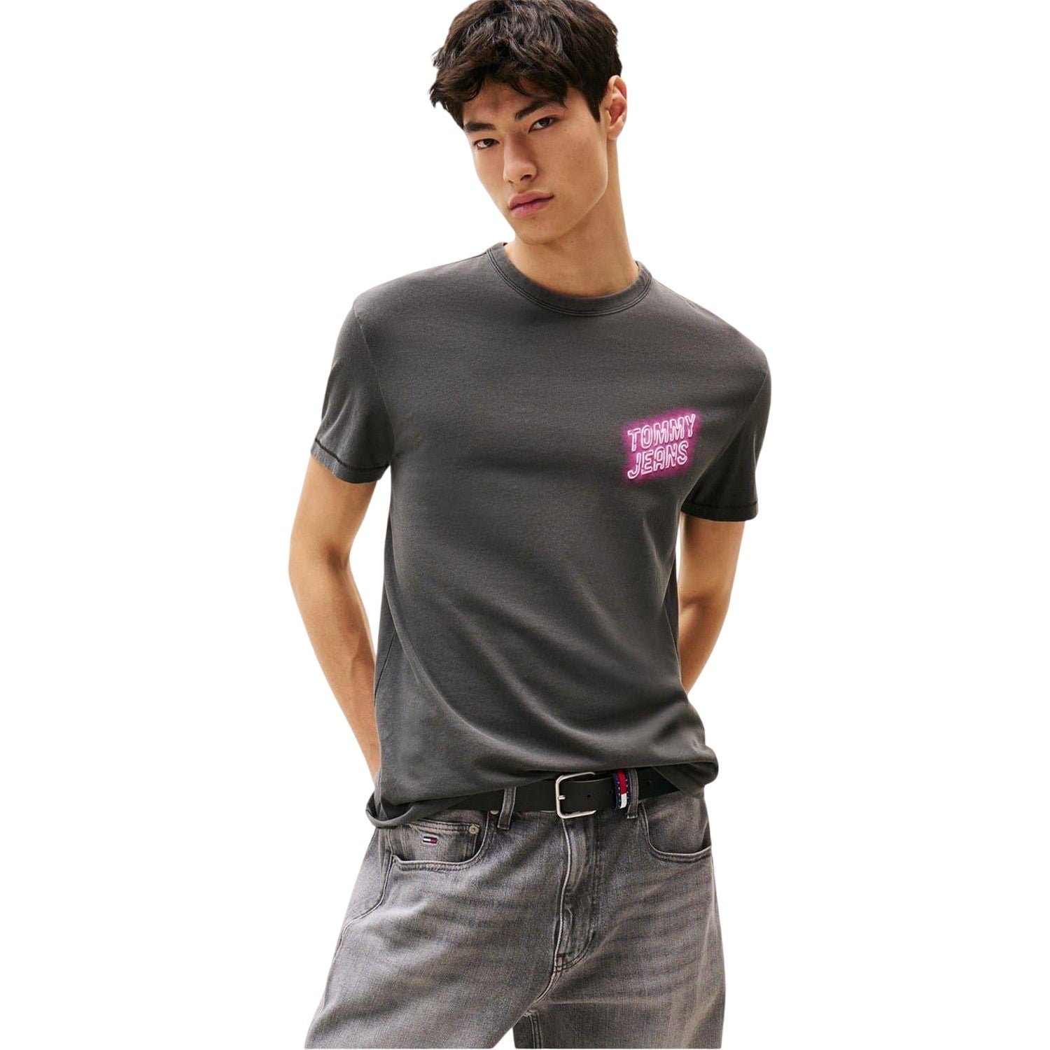Black - Side - Tommy Jeans Mens Neon Sign Crew Neck T-Shirt
