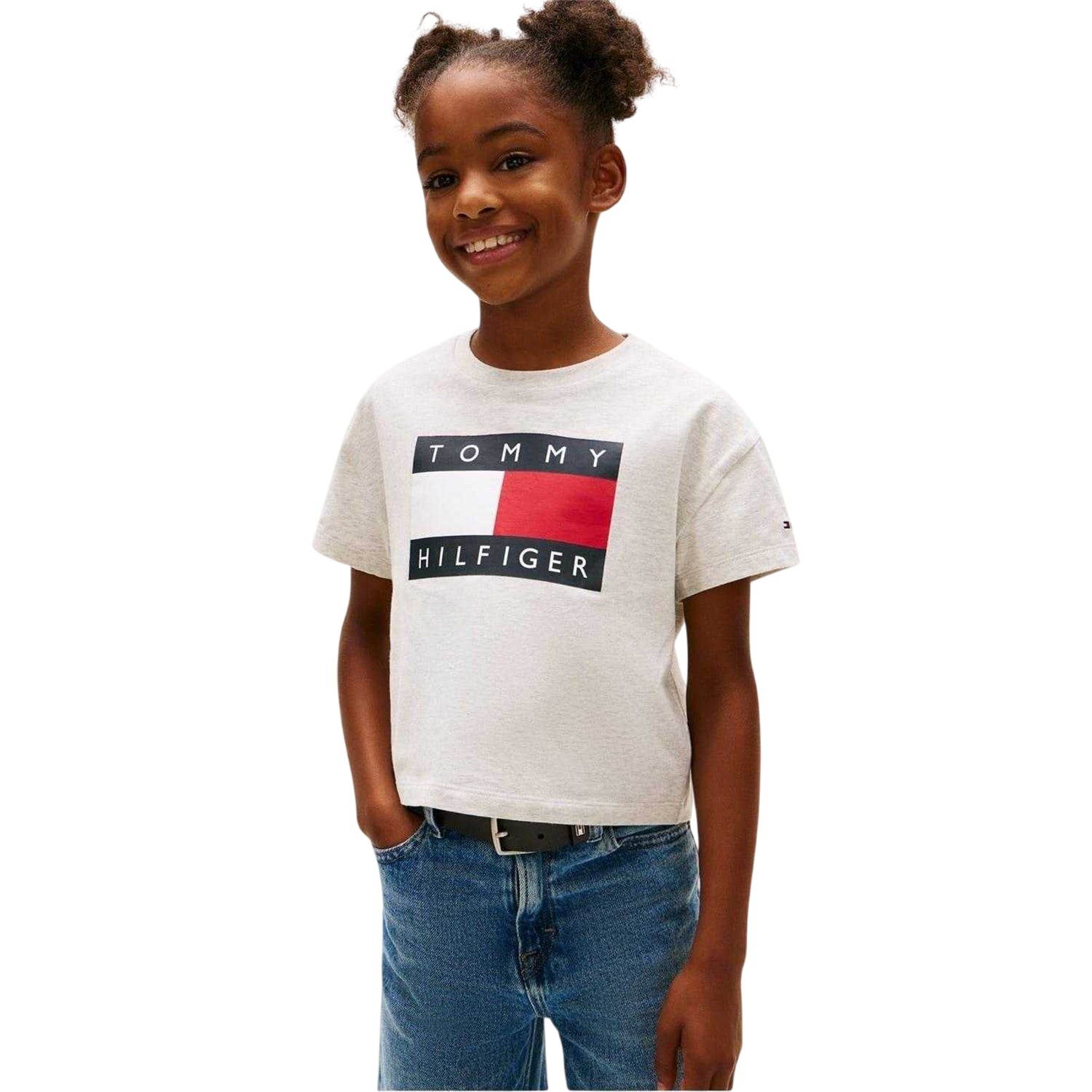 Grey - Side - Tommy Hilfiger Girls Heritage Logo Relaxed Fit Crop Top