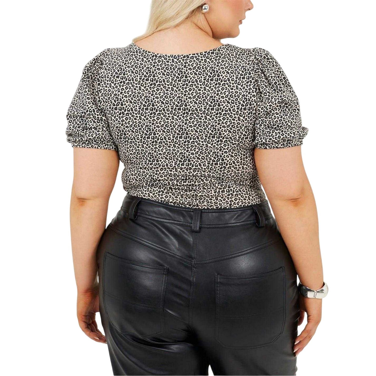 Black-White - Back - Brave Soul Womens-Ladies Leopard Print Plus Puff Sleeve Bodysuit