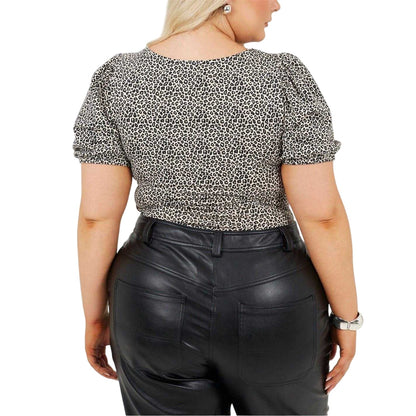 Black-White - Back - Brave Soul Womens-Ladies Leopard Print Plus Puff Sleeve Bodysuit