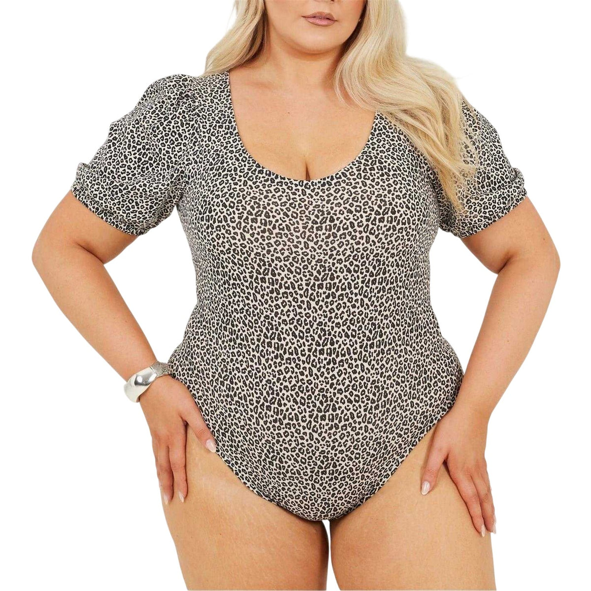 Black-White - Front - Brave Soul Womens-Ladies Leopard Print Plus Puff Sleeve Bodysuit