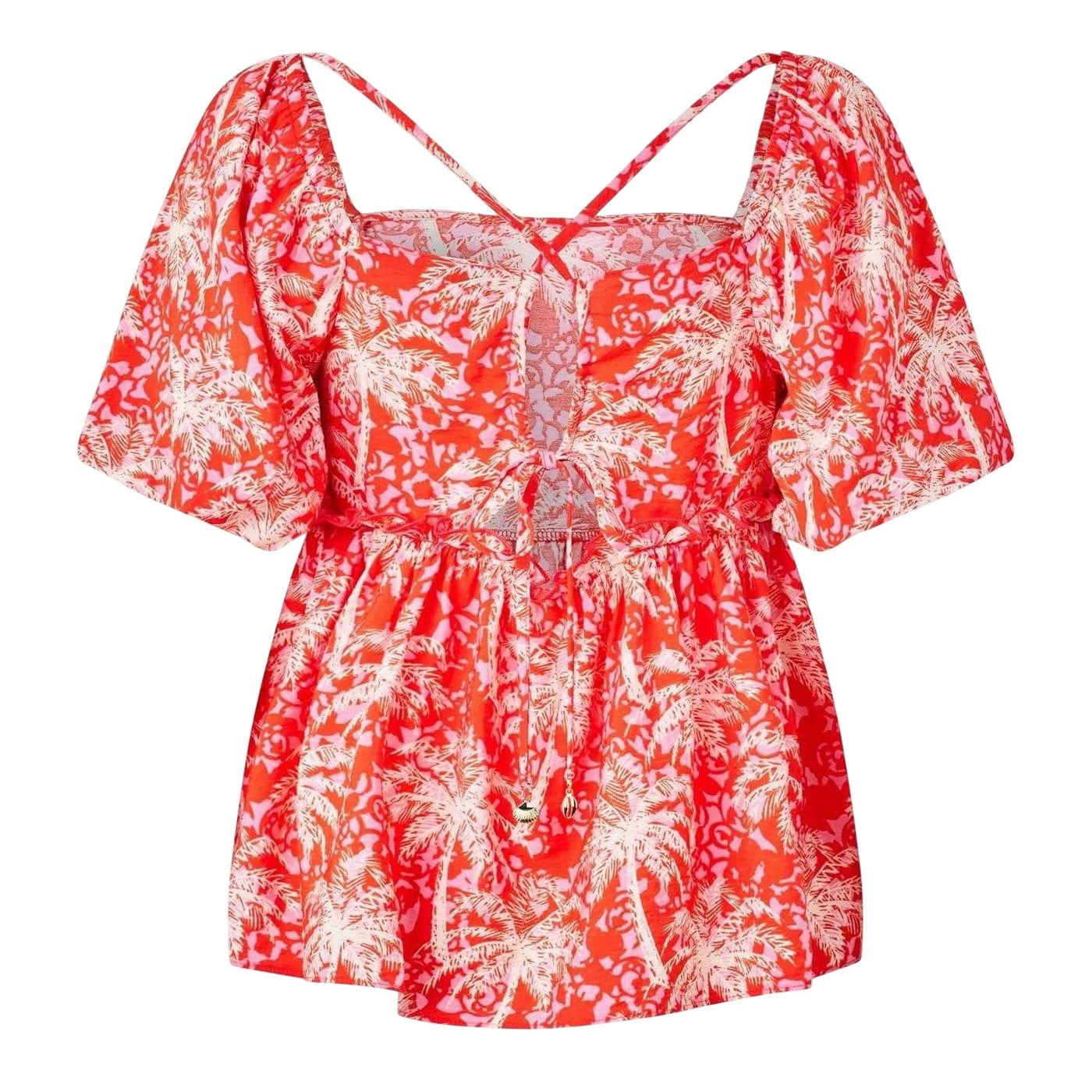 Orange-White - Back - Biba Womens-Ladies Square Neck Puff Sleeve Blouse