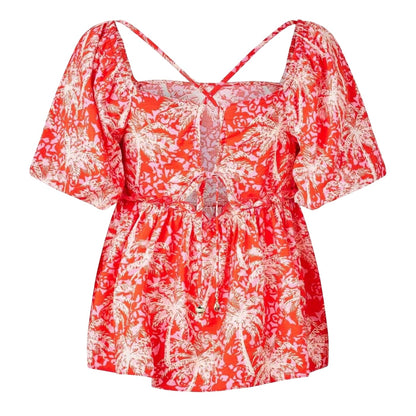 Orange-White - Back - Biba Womens-Ladies Square Neck Puff Sleeve Blouse