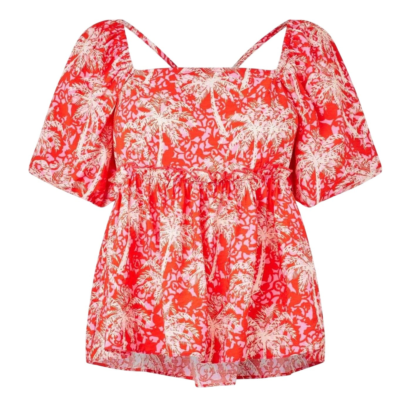 Orange-White - Front - Biba Womens-Ladies Square Neck Puff Sleeve Blouse