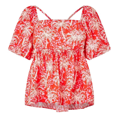 Orange-White - Front - Biba Womens-Ladies Square Neck Puff Sleeve Blouse