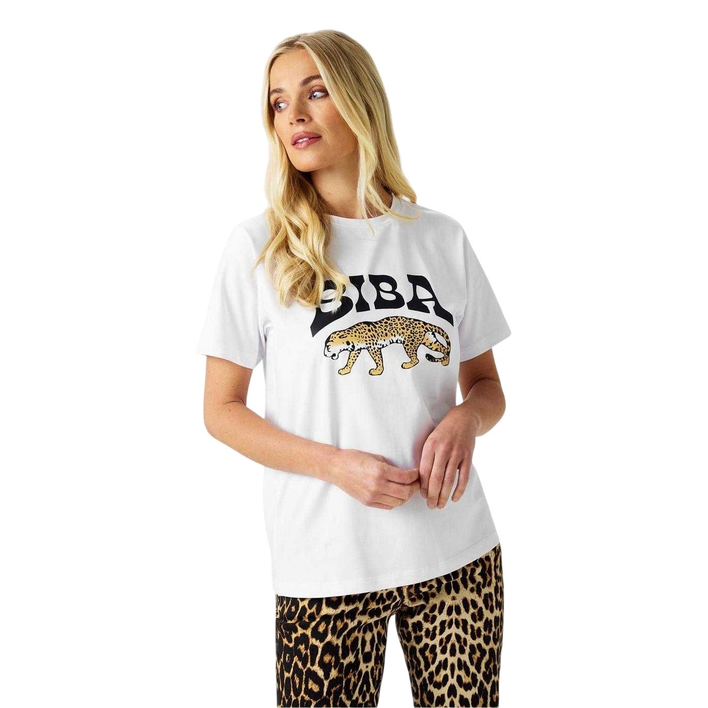 White - Lifestyle - Biba Womens-Ladies Leopard Logo T-Shirt
